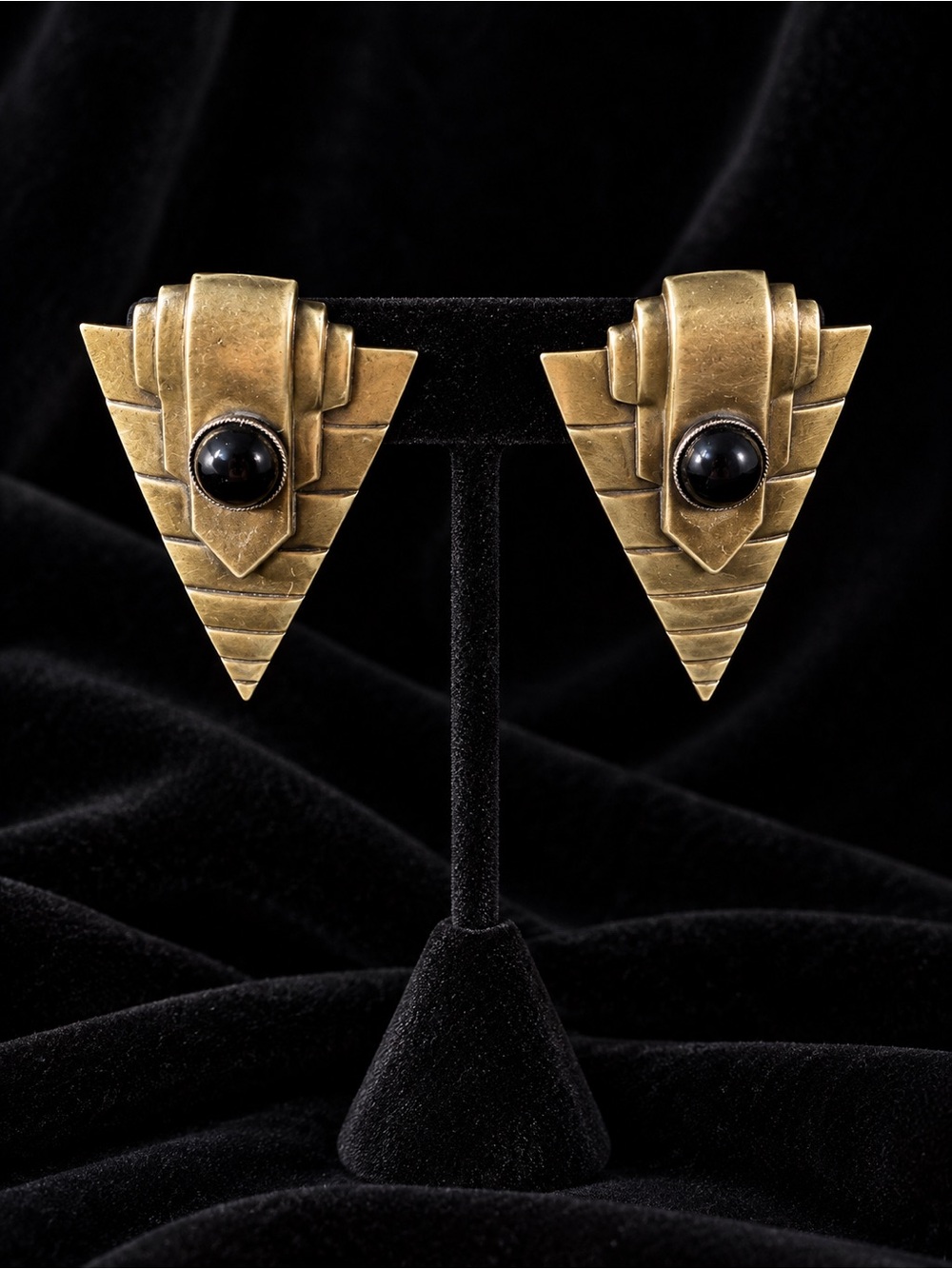 Vintage Art Deco Revival Brass Triangle Black Stone Post Style Statement Earring